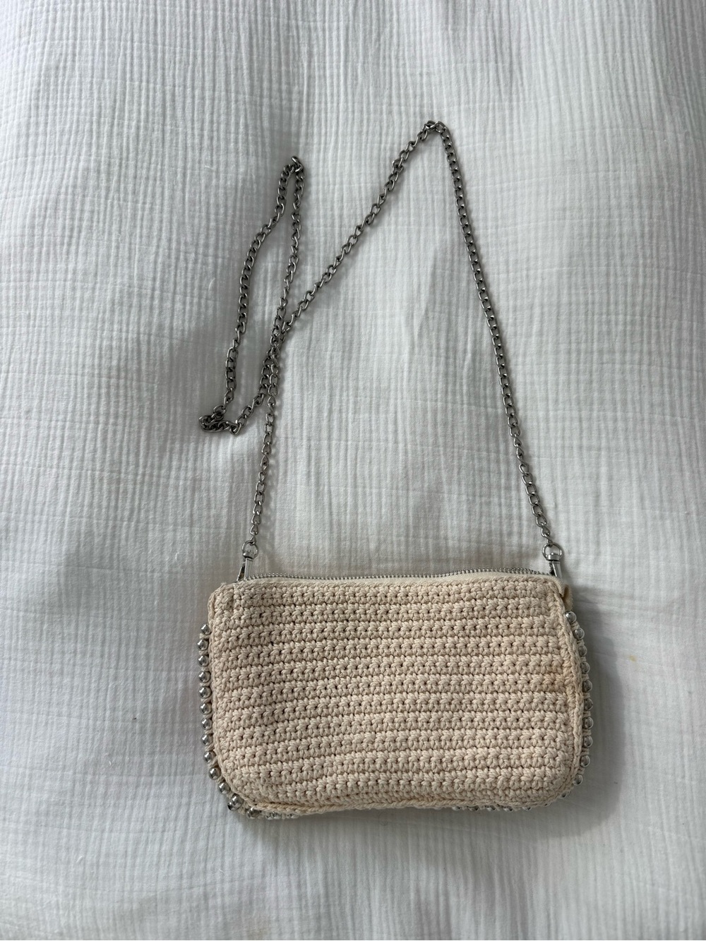 Zara Cream Crochet Crossbody with Silver Chain